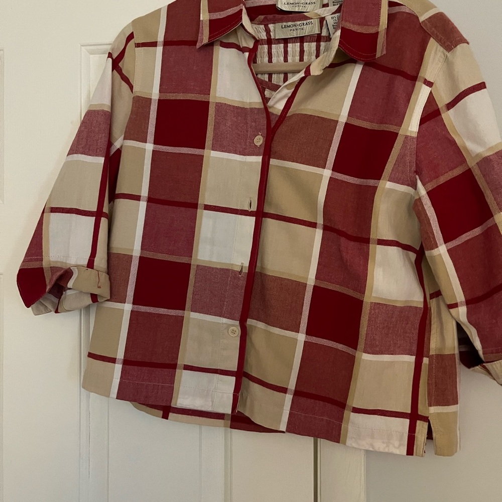 Lemon grass two piece top Women's Red and Tan Plaid Blouse